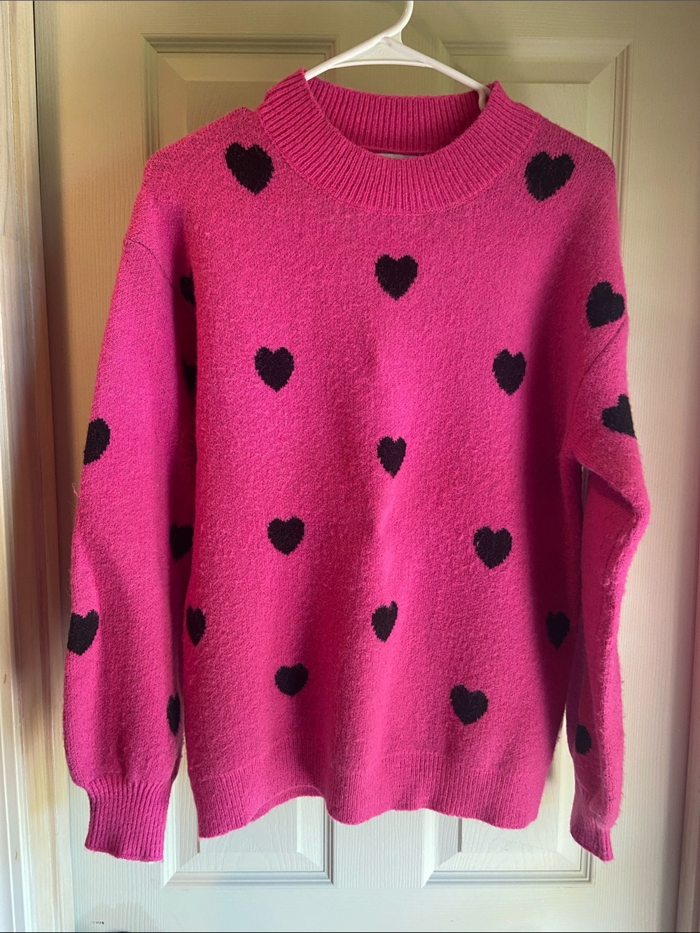 Women's Hot Pink Crewneck Sweater with Black Heart Print